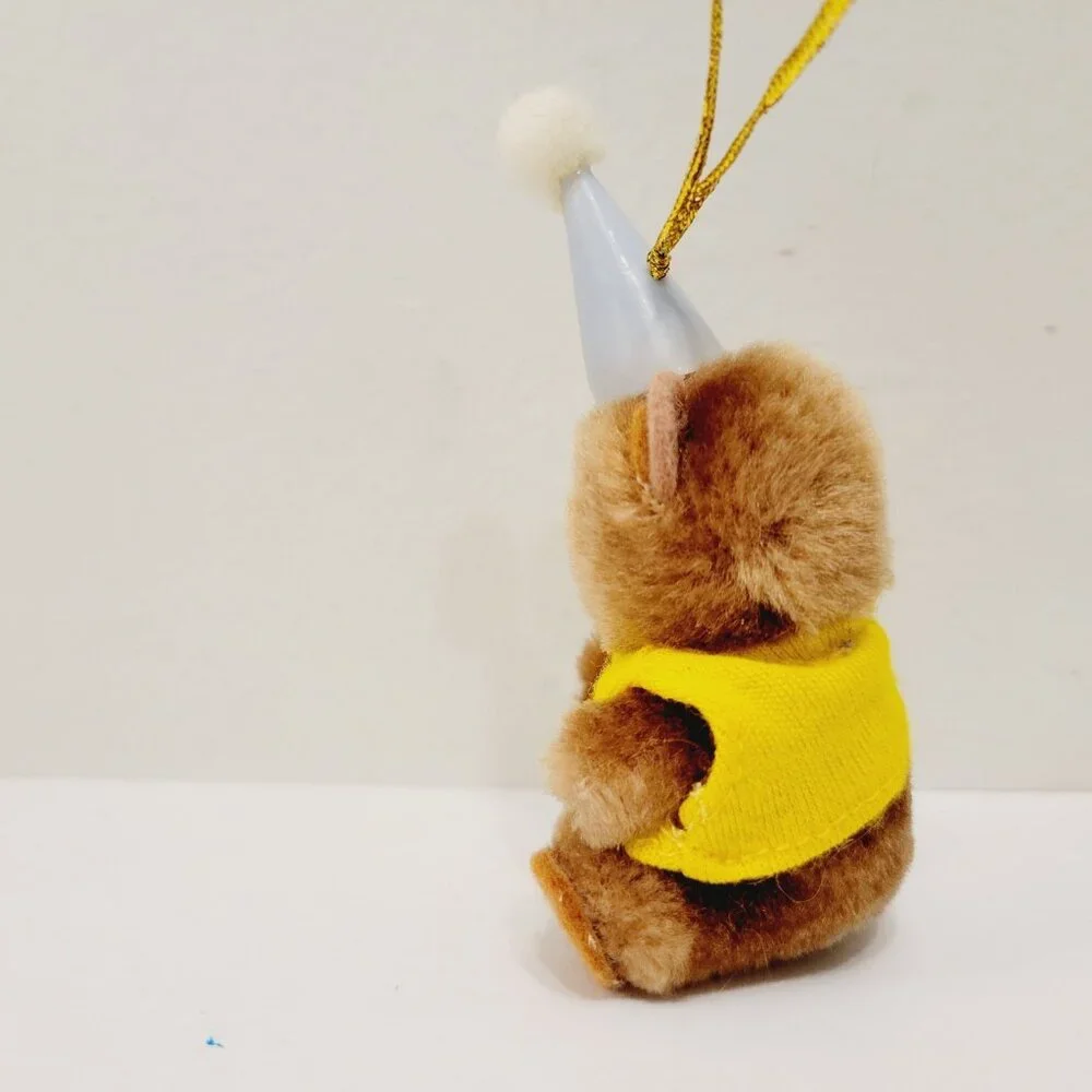 Vtg Mini Yellow Happy Birthday Shirt Brown Teddy Bear Cone Hat Ornament Toy